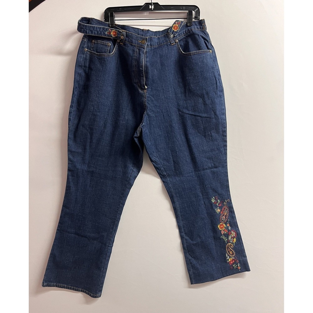 D&CO Denim Pants Floral Embroidery Waisted Sz 1X Blue